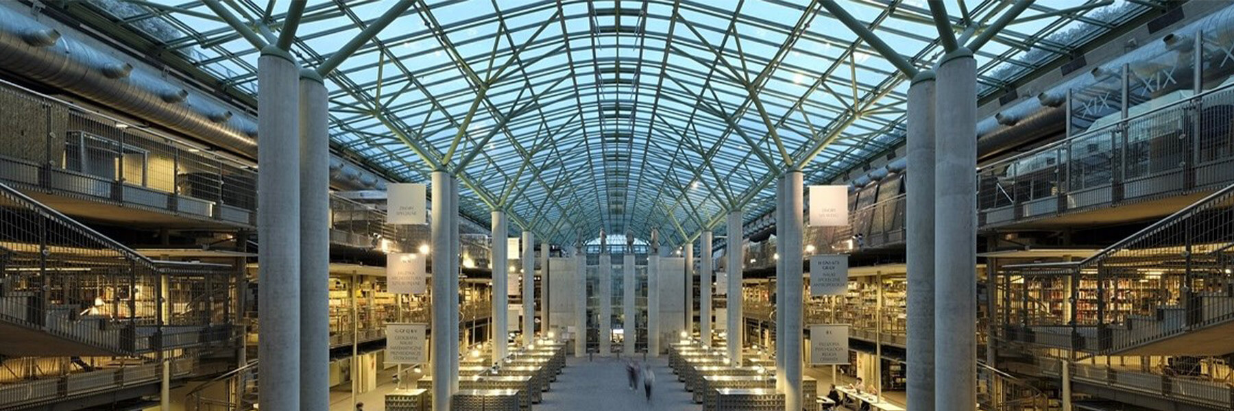 The main hall of the new Library of the University of Warsaw and the Faculty of Modern Languages